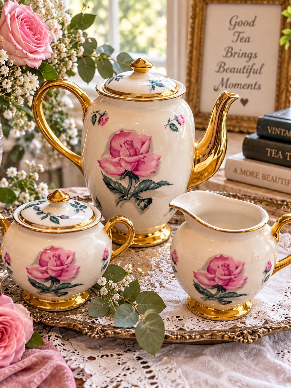 Vintage Kingwood China USA Pink Rose Gold Trim Tea Set 3 Piece
